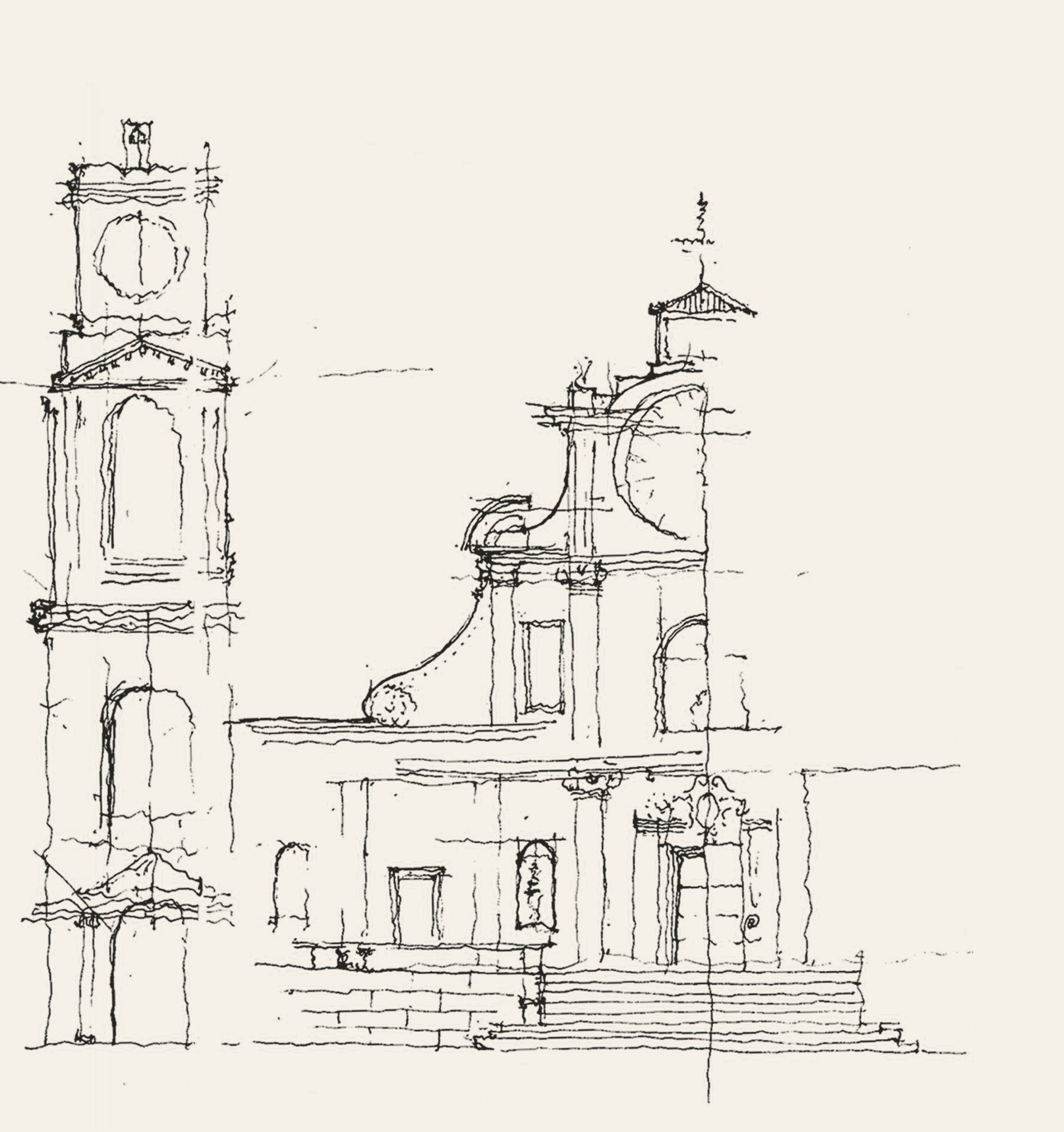 Pen study of a church front, from Austin’s student portfolio