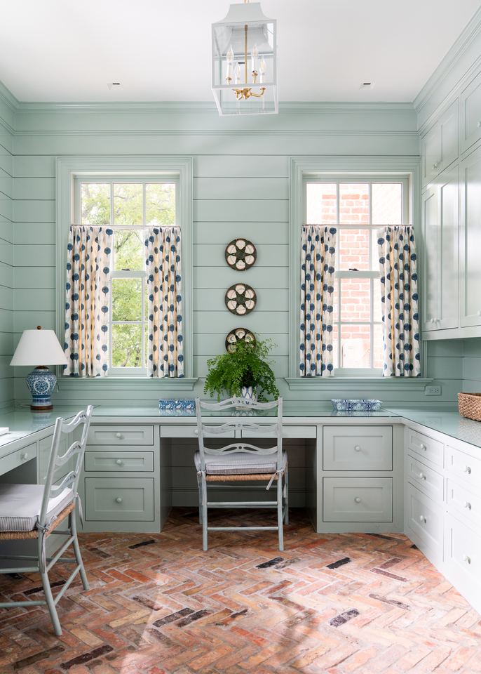 Desk nook with herringbone brick floor