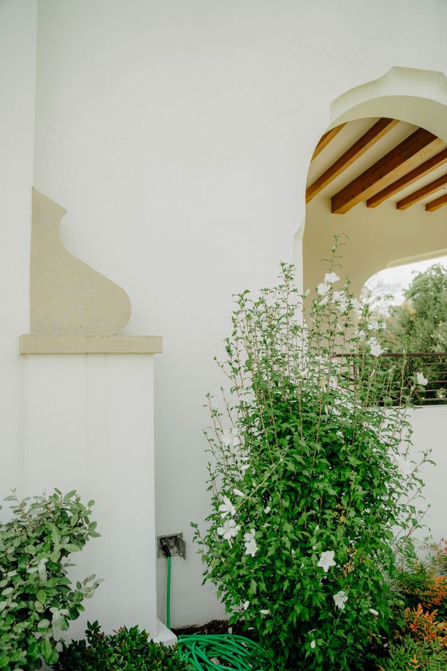 Arched opening to a beamed porch
