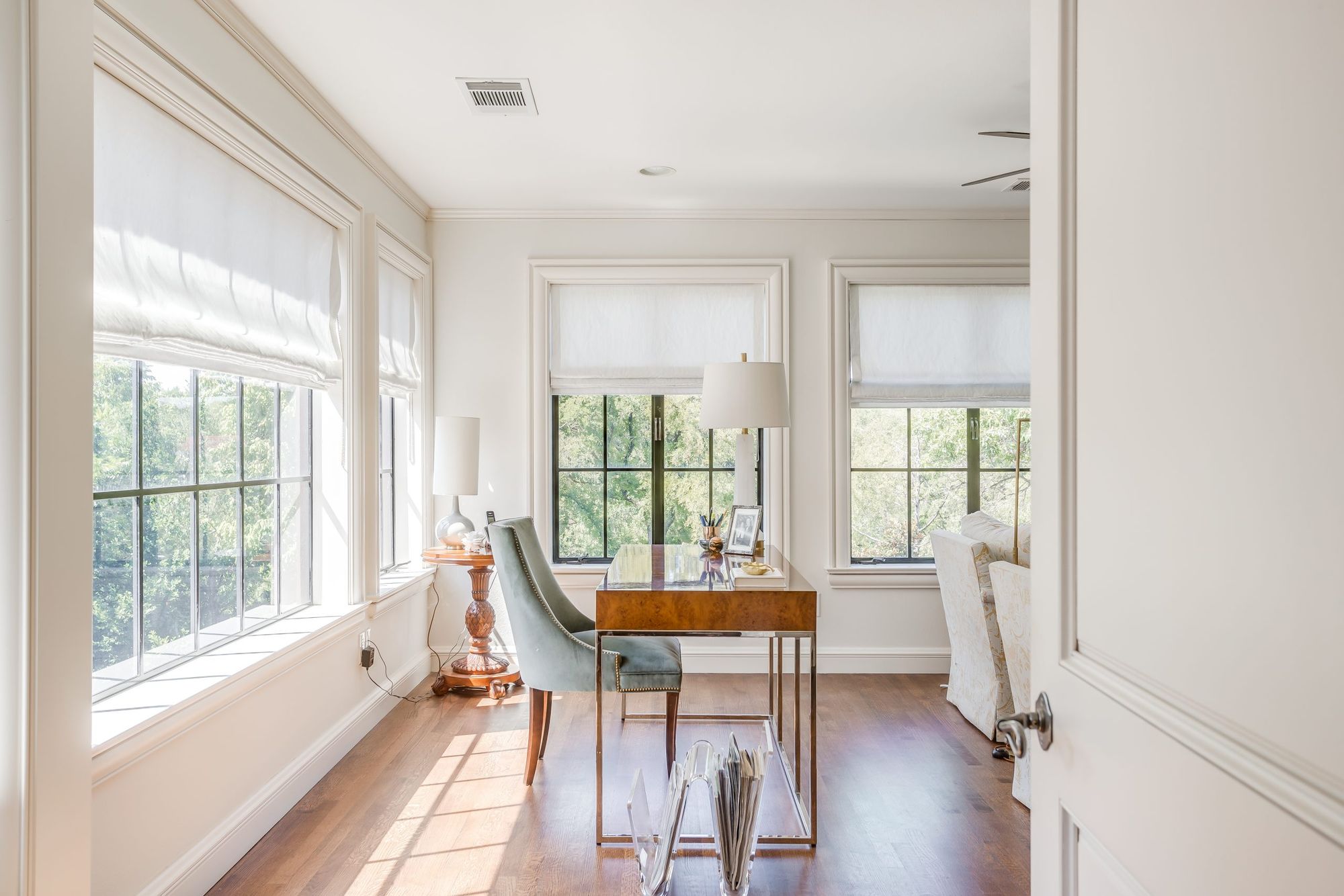 Bright study with tall windows