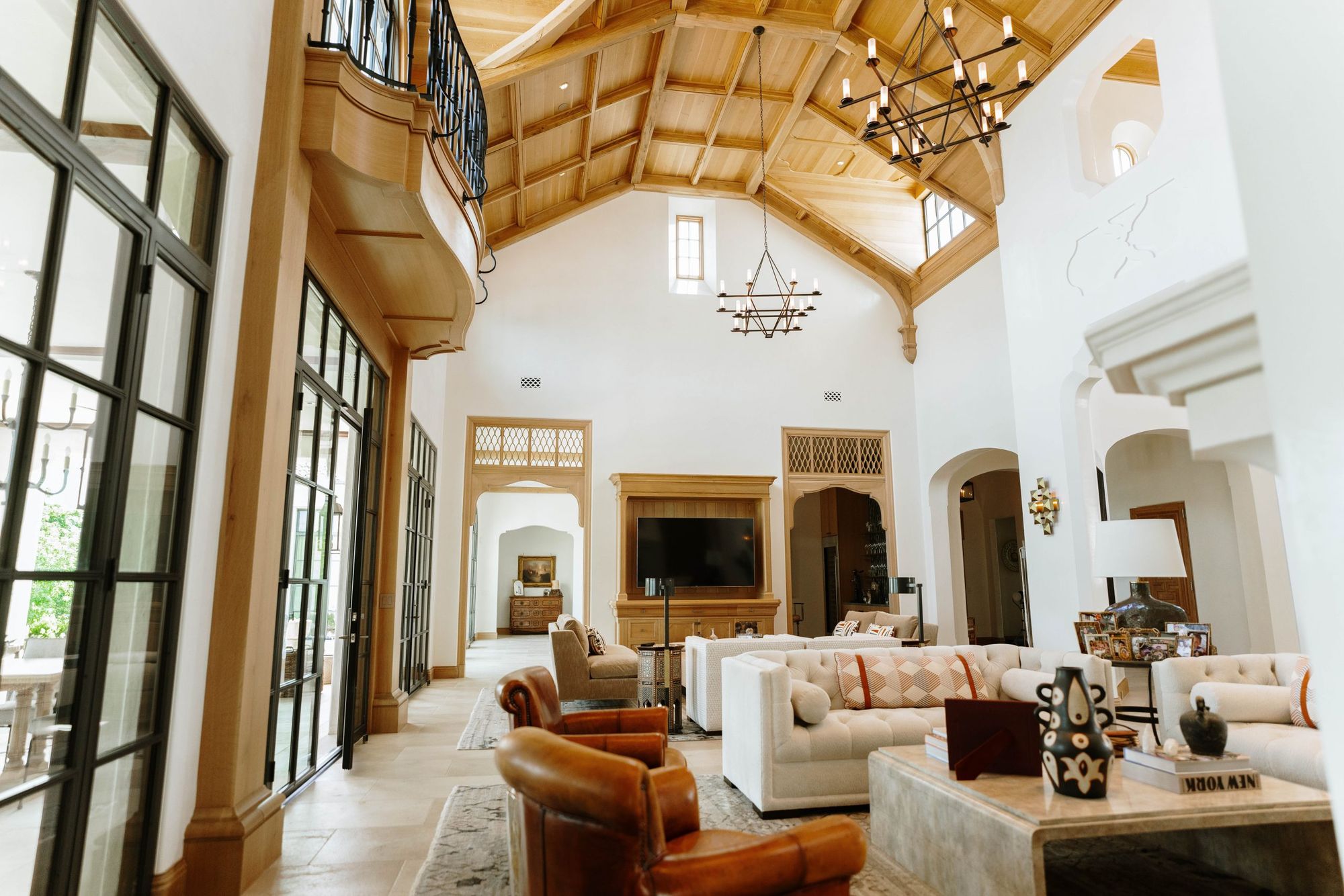 Living room under a timber trussed ceiling